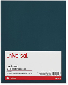 Universal® Laminated Two-Pocket Folder Cardboard Paper, 100-Sheet Capacity, 11 x 8.5, Navy, 25/Box