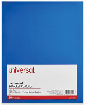 Universal® Laminated Two-Pocket Folder Cardboard Paper, 100-Sheet Capacity, 11 x 8.5, Blue, 25/Box