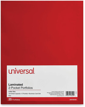 Universal® Laminated Two-Pocket Folder Cardboard Paper, 100-Sheet Capacity, 11 x 8.5, Red, 25/Box