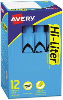 Avery® HI-LITER® Desk-Style Highlighters Light Blue Ink, Chisel Tip, Blue/Black Barrel, Dozen