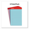 A Picture of product UNV-63016 Universal® Perforated Narrow Rule Writing Pads, Red Headband. 5 X 8 in. Assorted Pastels. 50 pages/pad, 6 pads/pack.
