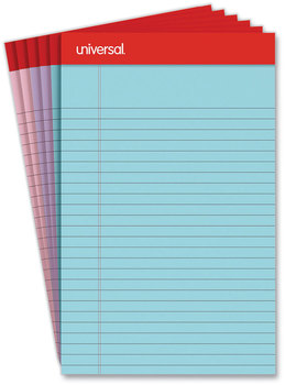 Universal® Perforated Narrow Rule Writing Pads, Red Headband. 5 X 8 in. Assorted Pastels. 50 pages/pad, 6 pads/pack.