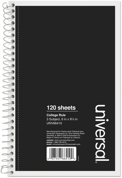 Universal® Wirebound Notebook 3-Subject, Medium/College Rule, Black Cover, (120) 9.5 x 6 Sheets