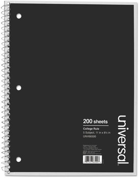 Universal® Wirebound Notebook 5-Subject, Medium/College Rule, Black Cover, (200) 11 x 8.5 Sheets