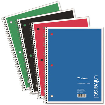 Universal® Wirebound Notebook 1-Subject, Medium/College Rule, Assorted Cover Colors, (70) 10.5 x 8 Sheets, 4/Pack
