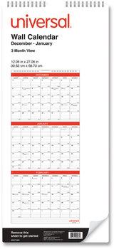 Universal® 3-Month Wall Calender Three-Month Calendar, 12 x 27, White/Black/Red Sheets, 14-Month, Dec 2023 to Jan 2025