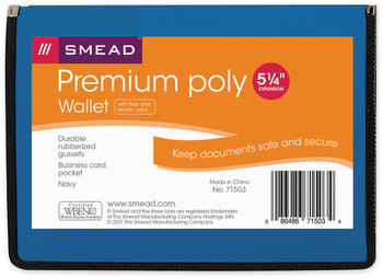 Smead™ Poly Premium Wallets 5.25" Expansion, 1 Section, Elastic Cord Closure, Letter Size, Navy Blue