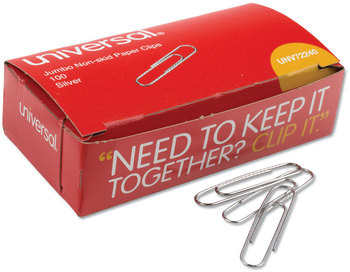 Universal® Paper Clips Jumbo, Nonskid, Silver, 100 Clips/Box, 10 Boxes/Pack