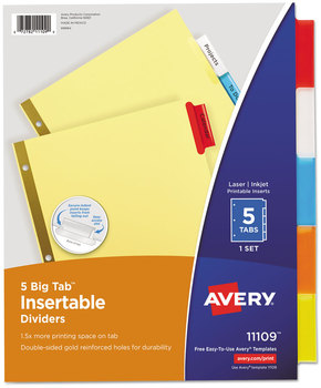 Avery® Insertable Big Tab™ Dividers 5-Tab, Double-Sided Gold Edge Reinforcing, 11 x 8.5, Buff, Assorted Tabs, 1 Set
