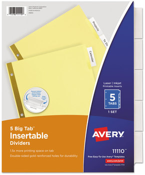 Avery® Insertable Big Tab™ Dividers 5-Tab, Double-Sided Gold Edge Reinforcing, 11 x 8.5, Buff, Clear Tabs, 1 Set