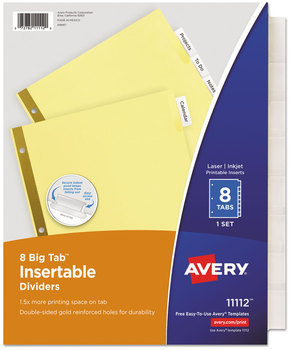 Avery® Insertable Big Tab™ Dividers 8-Tab, Double-Sided Gold Edge Reinforcing, 11 x 8.5, Buff, Clear Tabs, 1 Set