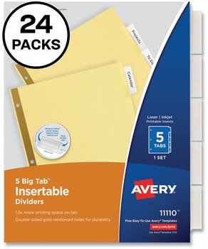 Avery® Insertable Big Tab™ Dividers 5-Tab, Double-Sided Gold Edge Reinforcing, 11 x 8.5, Buff, Clear Tabs, 24 Sets