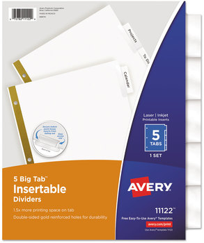 Avery® Insertable Big Tab™ Dividers 5-Tab, Double-Sided Gold Edge Reinforcing, 11 x 8.5, White, Clear Tabs, 1 Set