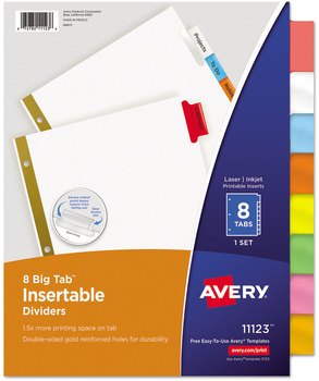 Avery® Insertable Big Tab™ Dividers 8-Tab, Double-Sided Gold Edge Reinforcing, 11 x 8.5, White, Assorted Tabs, 1 Set