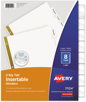 Avery® Insertable Big Tab™ Dividers 8-Tab, Double-Sided Gold Edge Reinforcing, 11 x 8.5, White, Clear Tabs, 1 Set