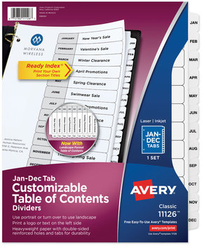 Avery® Customizable Table of Contents Ready Index® Black & White Dividers with Printable Section Titles TOC and 12-Tab, Jan. to Dec., 11 x 8.5, 1 Set