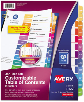 Avery® Customizable Table of Contents Ready Index® Multicolor Dividers with Printable Section Titles TOC Tab 12-Tab, Jan. to Dec., 11 x 8.5, White, Traditional Color Tabs, 1 Set