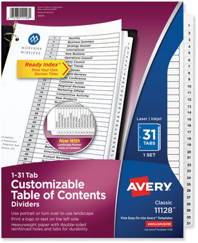 Avery® Customizable Table of Contents Ready Index® Black & White Dividers with Printable Section Titles TOC and 31-Tab, 1 to 31, 11 x 8.5, Set