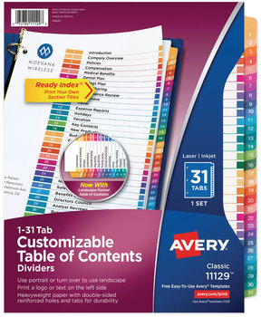 Avery® Customizable Table of Contents Ready Index® Multicolor Dividers with Printable Section Titles TOC Tab 31-Tab, 1 to 31, 11 x 8.5, White, Traditional Color Tabs, Set