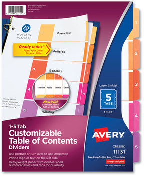 Avery® Customizable Table of Contents Ready Index® Multicolor Dividers with Printable Section Titles TOC Tab 5-Tab, 1 to 5, 11 x 8.5, White, Traditional Color Tabs, Set