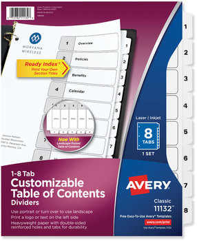 Avery® Customizable Table of Contents Ready Index® Black & White Dividers with Printable Section Titles TOC and 8-Tab, 1 to 8, 11 x 8.5, Set
