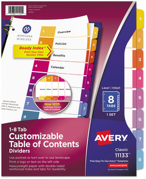 Avery® Customizable Table of Contents Ready Index® Multicolor Dividers with Printable Section Titles TOC Tab 8-Tab, 1 to 8, 11 x 8.5, White, Traditional Color Tabs, Set