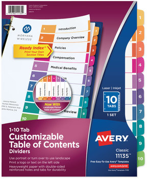 Avery® Customizable Table of Contents Ready Index® Multicolor Dividers with Printable Section Titles TOC Tab 10-Tab, 1 to 10, 11 x 8.5, White, Traditional Color Tabs, Set