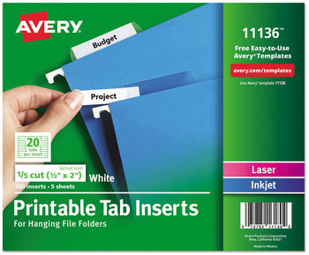 Avery® Tabs Inserts For Hanging File Folders 1/5-Cut, White, 2" Wide, 100/Pack