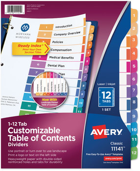Avery® Customizable Table of Contents Ready Index® Multicolor Dividers with Printable Section Titles TOC Tab 12-Tab, 1 to 12, 11 x 8.5, White, Traditional Color Tabs, Set