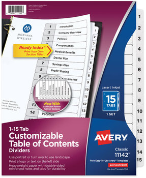 Avery® Customizable Table of Contents Ready Index® Black & White Dividers with Printable Section Titles TOC and 15-Tab, 1 to 15, 11 x 8.5, Set