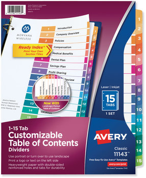 Avery® Customizable Table of Contents Ready Index® Multicolor Dividers with Printable Section Titles TOC Tab 15-Tab, 1 to 15, 11 x 8.5, White, Traditional Color Tabs, Set