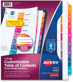 Avery® Customizable Table of Contents Ready Index® Multicolor Dividers with Printable Section Titles TOC Tab Extra Wide Tabs, 8-Tab, 1 to 8, 11 x 9.25, White, Set