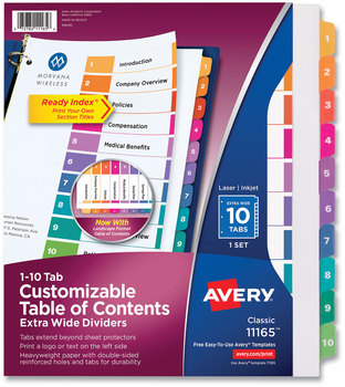 Avery® Customizable Table of Contents Ready Index® Multicolor Dividers with Printable Section Titles TOC Tab Extra Wide Tabs, 10-Tab, 1 to 10, 11 x 9.25, White, Set