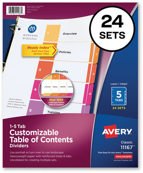 Avery® Customizable Table of Contents Ready Index® Multicolor Dividers with Printable Section Titles TOC Tab Uncollated, 5-Tab, 1 to 5, 11 x 8.5, White, 24 Sets
