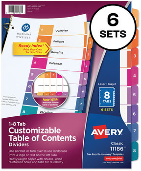 Avery® Customizable Table of Contents Ready Index® Multicolor Dividers with Printable Section Titles TOC Tab 8-Tab, 1 to 8, 11 x 8.5, White, Traditional Color Tabs, 6 Sets