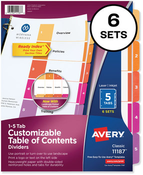 Avery® Customizable Table of Contents Ready Index® Multicolor Dividers with Printable Section Titles TOC Tab 5-Tab, 1 to 5, 11 x 8.5, White, Traditional Color Tabs, 6 Sets