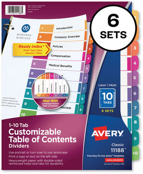 Avery® Customizable Table of Contents Ready Index® Multicolor Dividers with Printable Section Titles TOC Tab 10-Tab, 1 to 10, 11 x 8.5, White, Traditional Color Tabs, 6 Sets