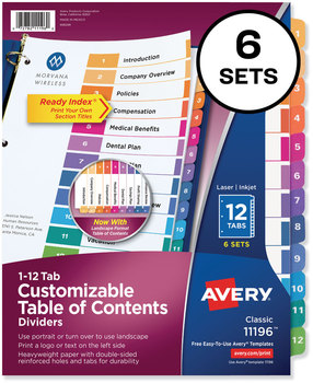 Avery® Customizable Table of Contents Ready Index® Multicolor Dividers with Printable Section Titles TOC Tab 12-Tab, 1 to 12, 11 x 8.5, White, Traditional Color Tabs, 6 Sets