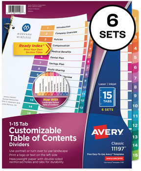 Avery® Customizable Table of Contents Ready Index® Multicolor Dividers with Printable Section Titles TOC Tab 15-Tab, 1 to 15, 11 x 8.5, White, Traditional Color Tabs, 6 Sets