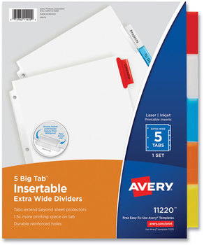 Avery® Insertable Big Tab™ Dividers 5-Tab, Single-Sided Copper Edge Reinforcing, 11.13 x 9.25, White, Assorted Tabs, 1 Set