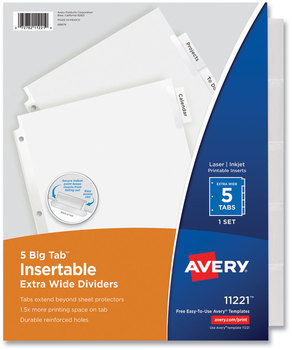 Avery® Insertable Big Tab™ Dividers 5-Tab, Single-Sided Copper Edge Reinforcing, 11.13 x 9.25, White, Clear Tabs, 1 Set