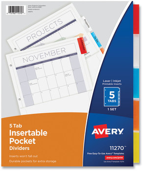 Avery® Insertable Single-Pocket Dividers w/Single Pockets, 5-Tab, 11.25 x 9.13, White, 1 Set