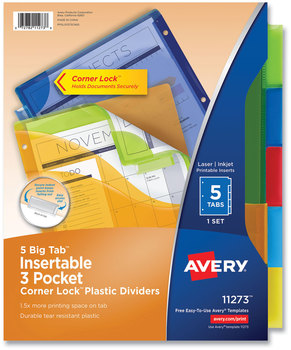 Avery® Insertable Big Tab™ Plastic Three-Pocket Corner Lock® Dividers 5-Tab, 11.13 x 9.25, Assorted, 1 Set