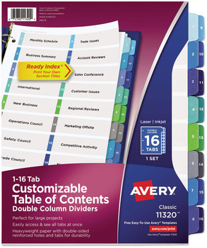 Avery® Customizable Table of Contents Ready Index® Double Column Multicolor Dividers with Printable Section Titles TOC Tab 16-Tab, 1 to 16, 11 x 8.5, White, Set