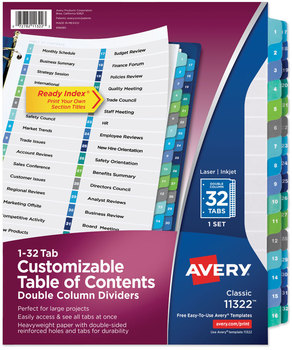 Avery® Customizable Table of Contents Ready Index® Double Column Multicolor Dividers with Printable Section Titles TOC Tab 32-Tab, 1 to 32, 11 x 8.5, White, Set