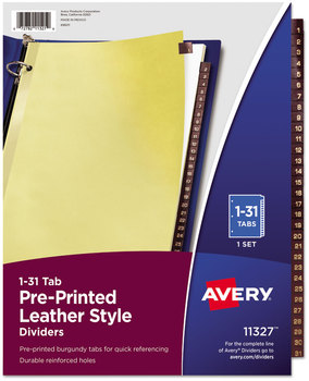 Avery® Preprinted Red Leather Tab Dividers with Clear Reinforced Binding Edge 31-Tab, 1 to 31, 11 x 8.5, Buff, Set