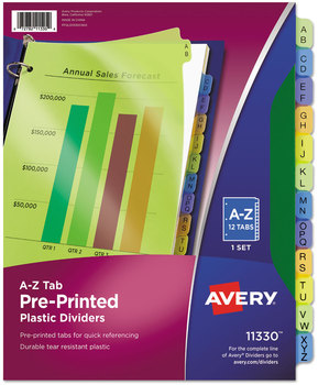 Avery® Preprinted Plastic Tab Dividers Durable 12-Tab, A to Z, 11 x 8.5, Assorted, 1 Set