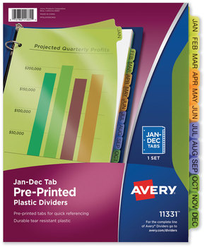 Avery® Preprinted Plastic Tab Dividers Durable 12-Tab, Jan. to Dec., 11 x 8.5, Assorted, 1 Set