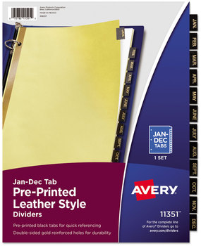 Avery® Preprinted Black Leather Tab Dividers with Gold Reinforced Binding Edge w/Gold 12-Tab, Jan. to Dec., 11 x 8.5, Buff, 1 Set