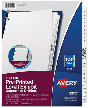 Avery® Preprinted Legal Exhibit Index Tab Dividers with Black and White Tabs Side Style, 25-Tab, 1 to 25, 11 x 8.5, Set